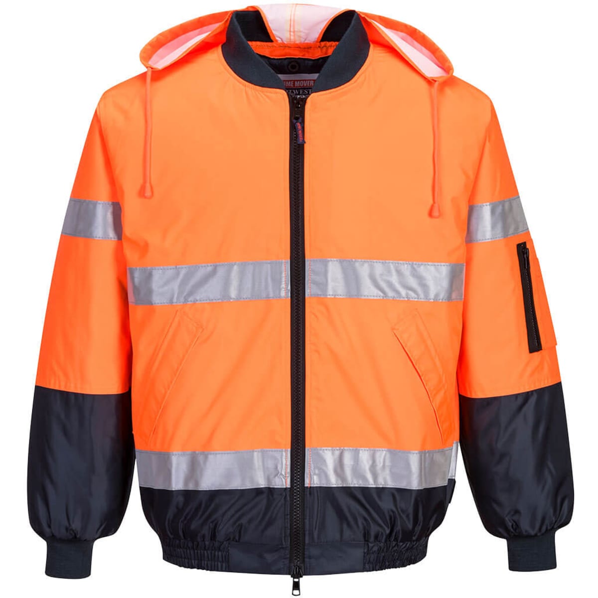 A high-visibility bomber jacket in orange and navy, featuring reflective strips and a hood. Includes a zippered pocket.