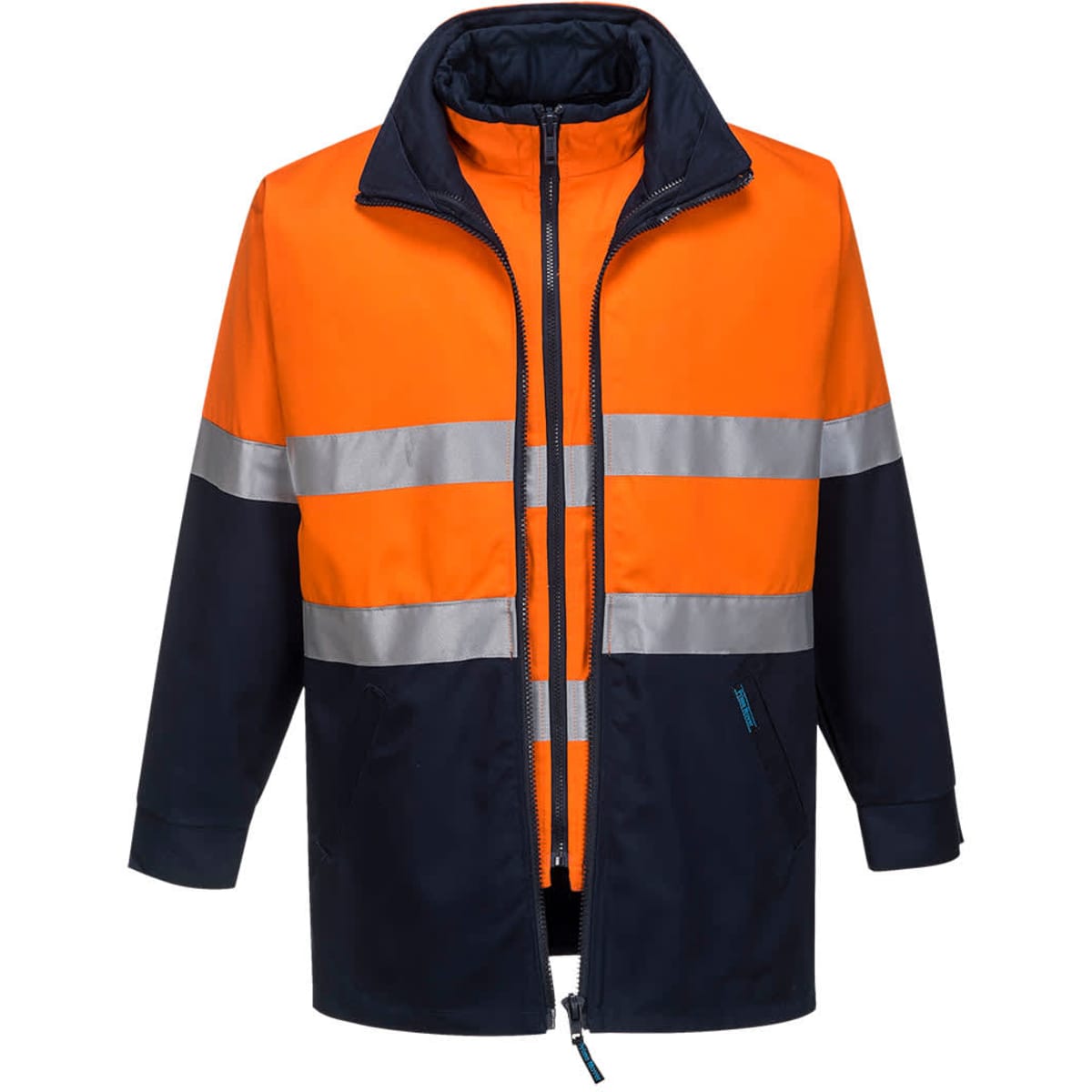 A high-visibility work jacket featuring orange and navy colours with reflective stripes and a zip front.