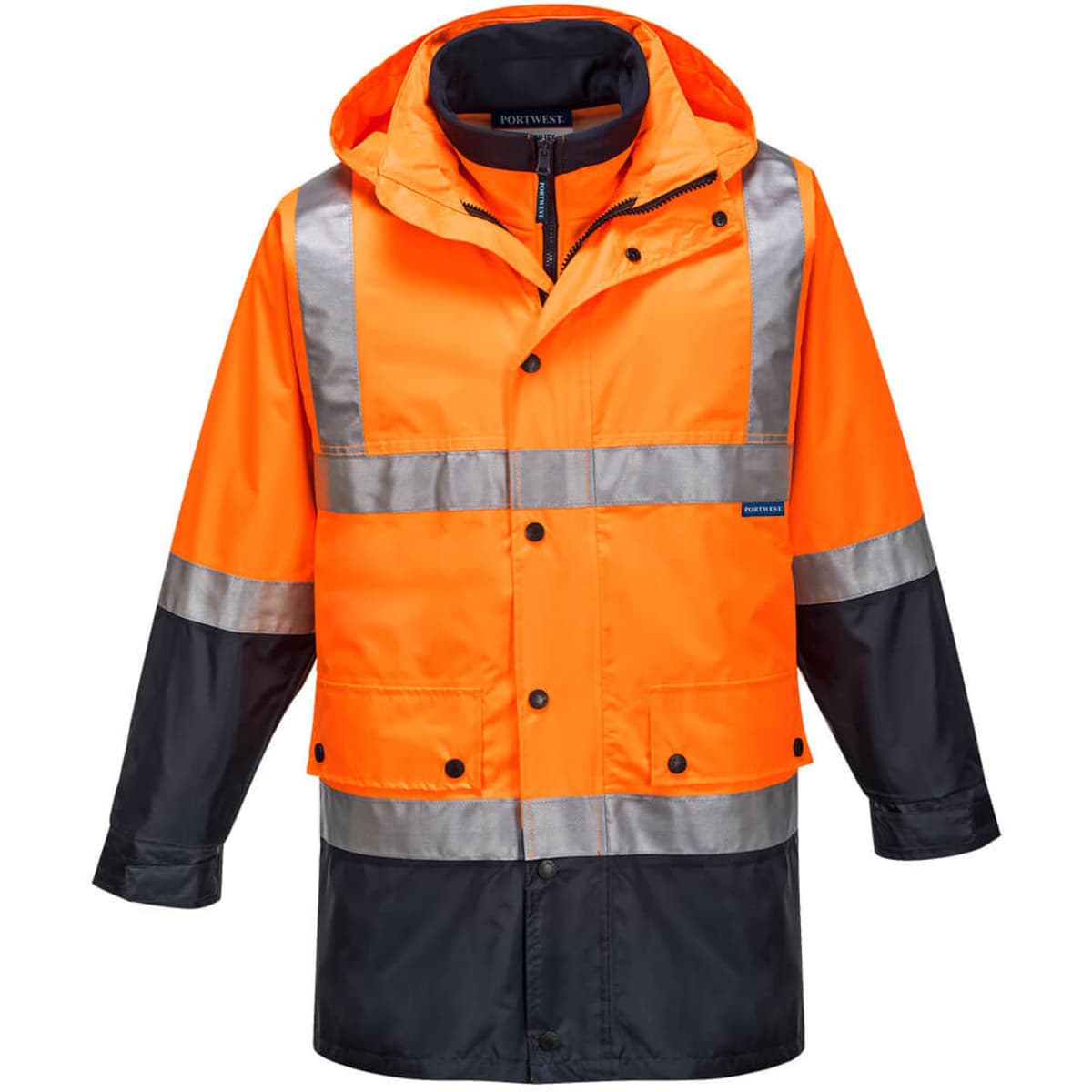 A Hi-Vis 4in1 jacket featuring bright orange and black colours, with reflective strips and a hood. It has a logo.