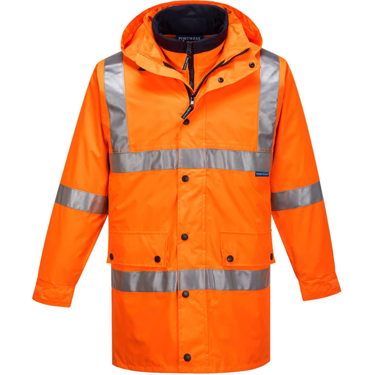 A hi-vis orange jacket with reflective stripes, featuring a hood and zip closure. Includes branding.
