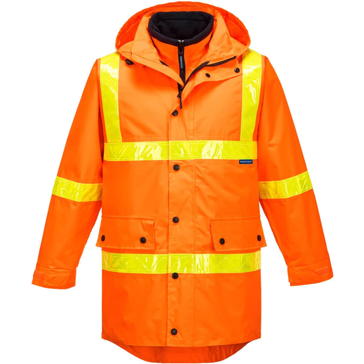 A bright orange Hi-Vis 4in1 jacket with reflective yellow stripes and a hood, featuring branding.