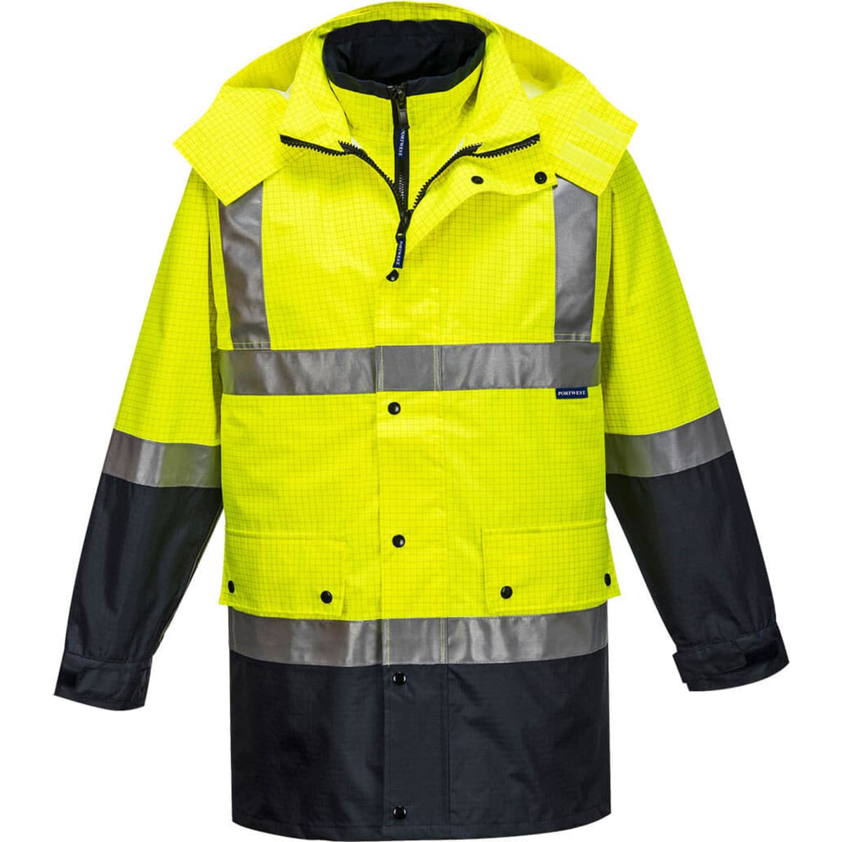 A bright yellow and black antistatic work jacket featuring reflective strips and a hood. It has a logo on the front.