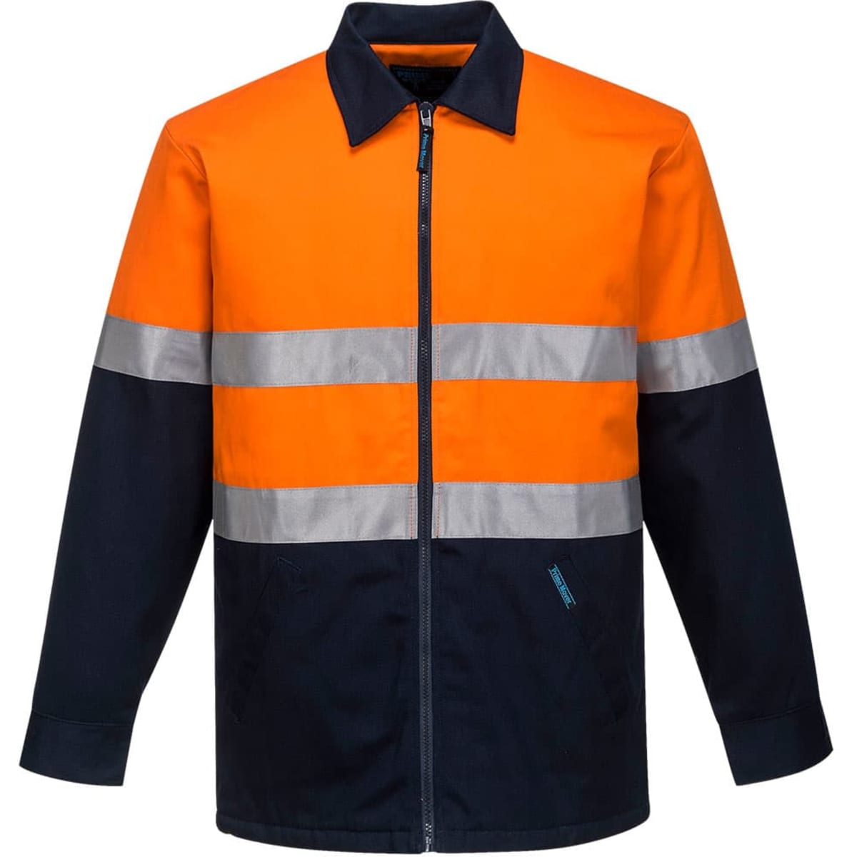 A quilt padded cotton jacket featuring orange and navy colours with reflective stripes and a branding logo.