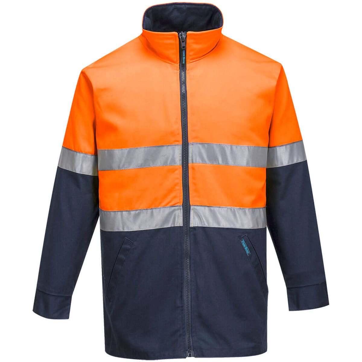 A high-visibility cotton drill jacket featuring orange and navy colours with reflective stripes and a front zip.