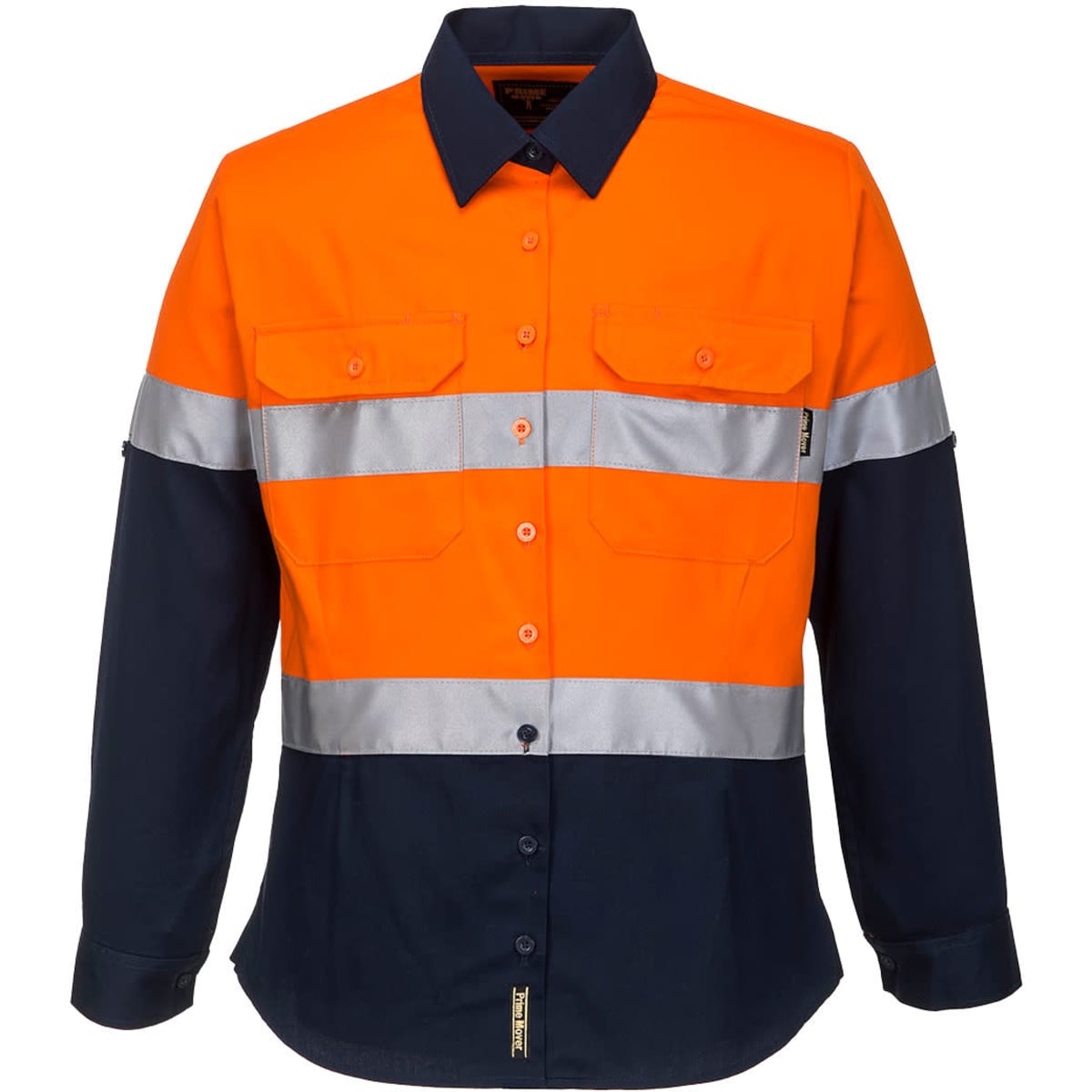 A long-sleeve high-visibility shirt in orange and navy, featuring reflective stripes and pockets. Includes a logo.