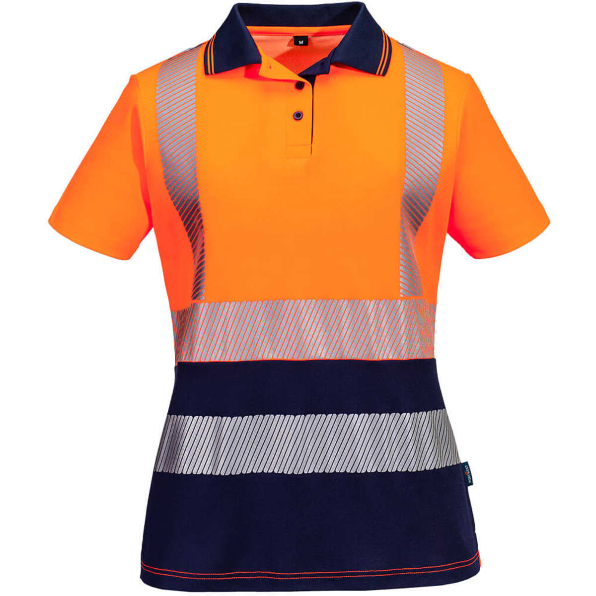 A high-visibility women's polo shirt in orange and navy, featuring reflective stripes and a branding logo.