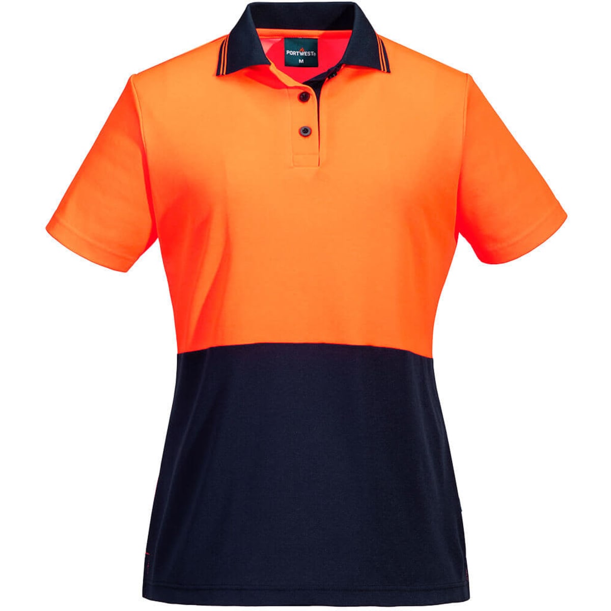 A short-sleeved polo shirt in high-visibility orange and navy with a logo on the chest.
