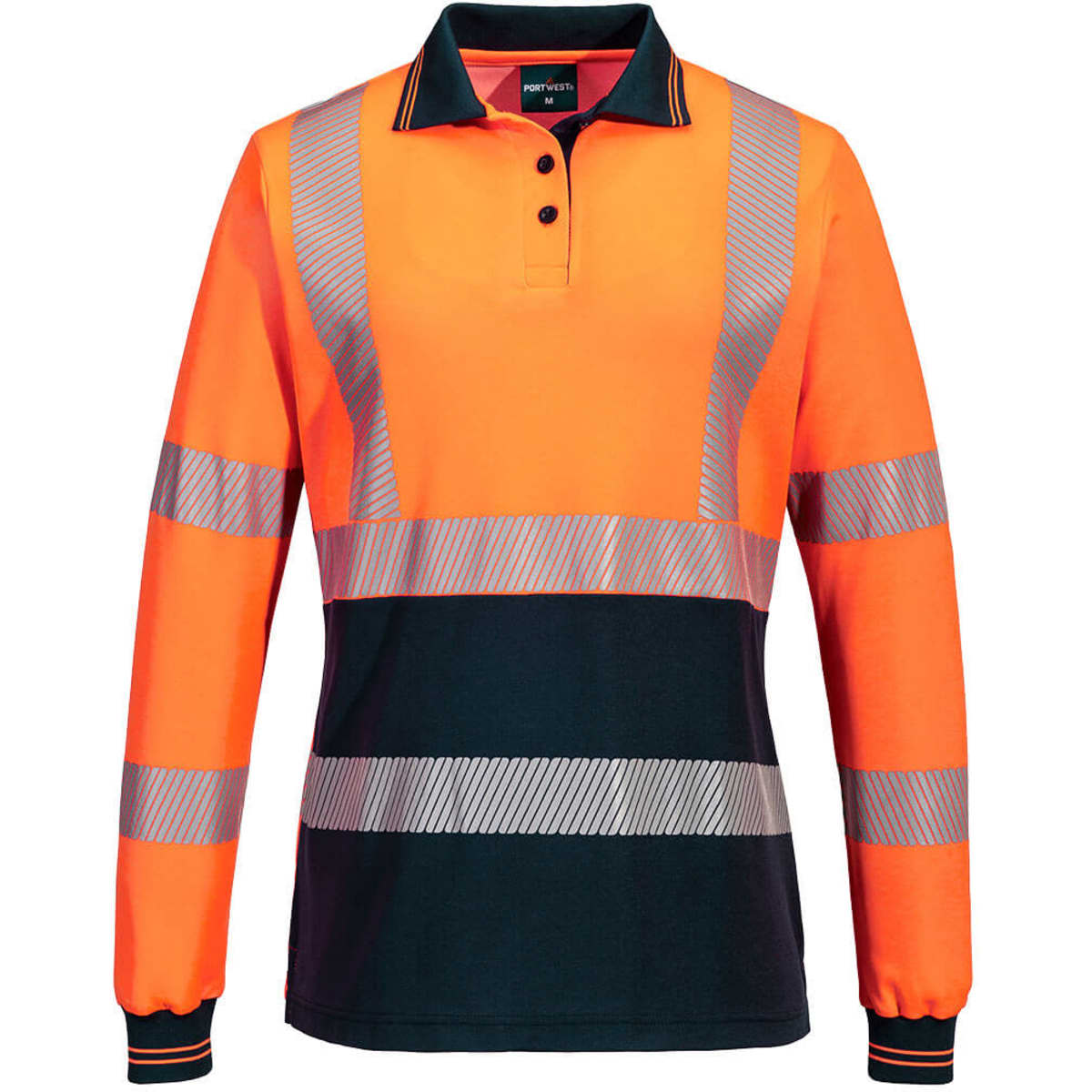 A women’s long-sleeve polo shirt in high-visibility orange with dark blue and reflective stripes, featuring a collar and button placket.