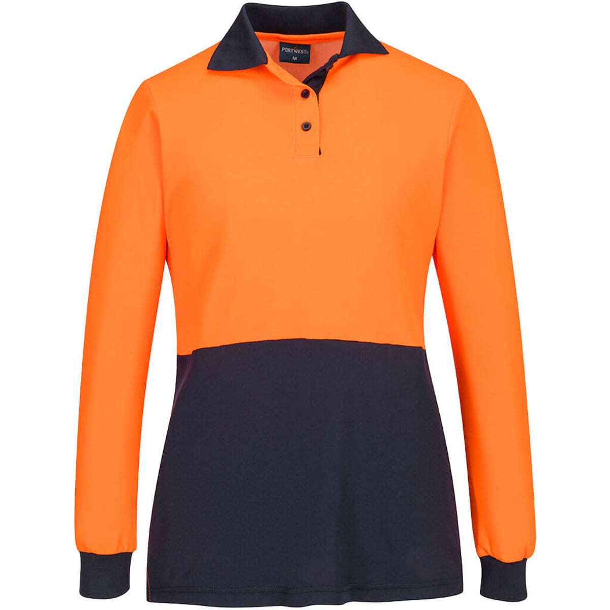 A long-sleeved women's polo shirt in hi-vis orange with a navy contrast at the bottom and collar. Features a logo.