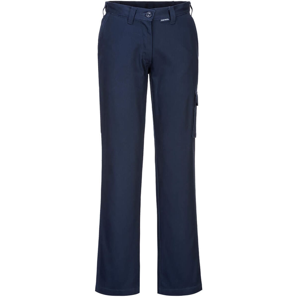 Navy blue ladies cargo pants featuring a straight leg design and a pocket on the side. Includes a logo.