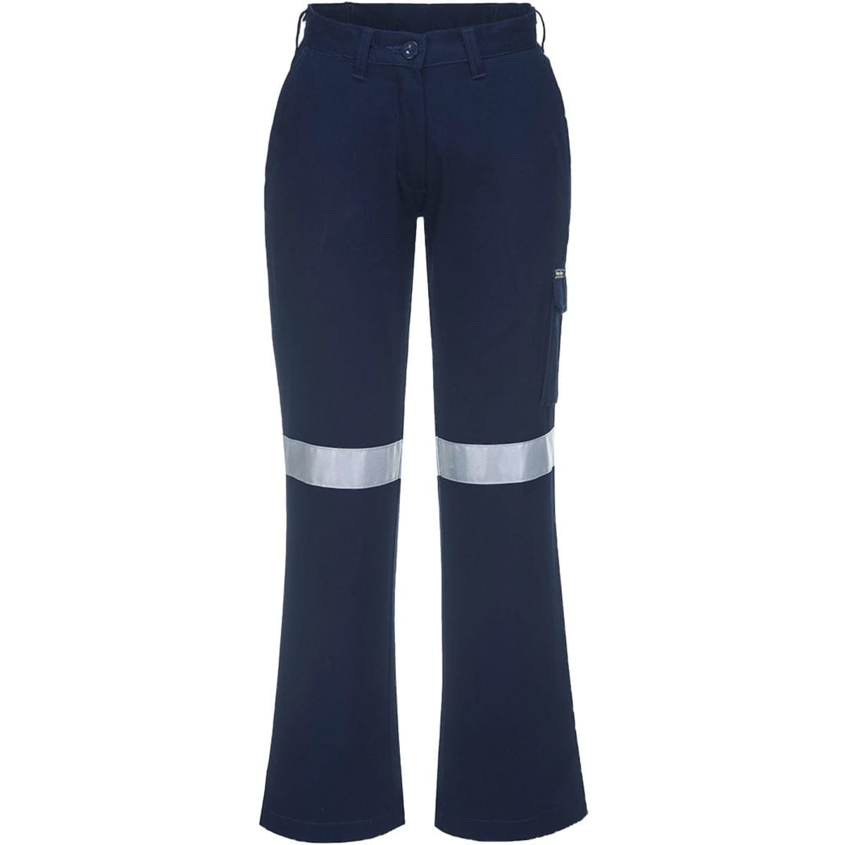 Ladies cargo pants in navy blue with reflective stripes and a side pocket. The pants have a branded logo.