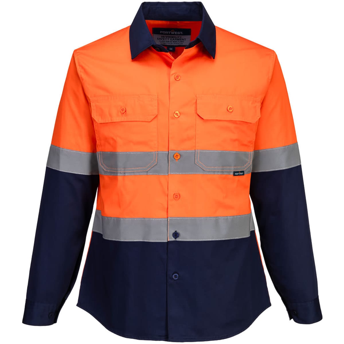 A bright orange and navy long-sleeve shirt with two pockets and reflective stripes. Features a logo on the chest.