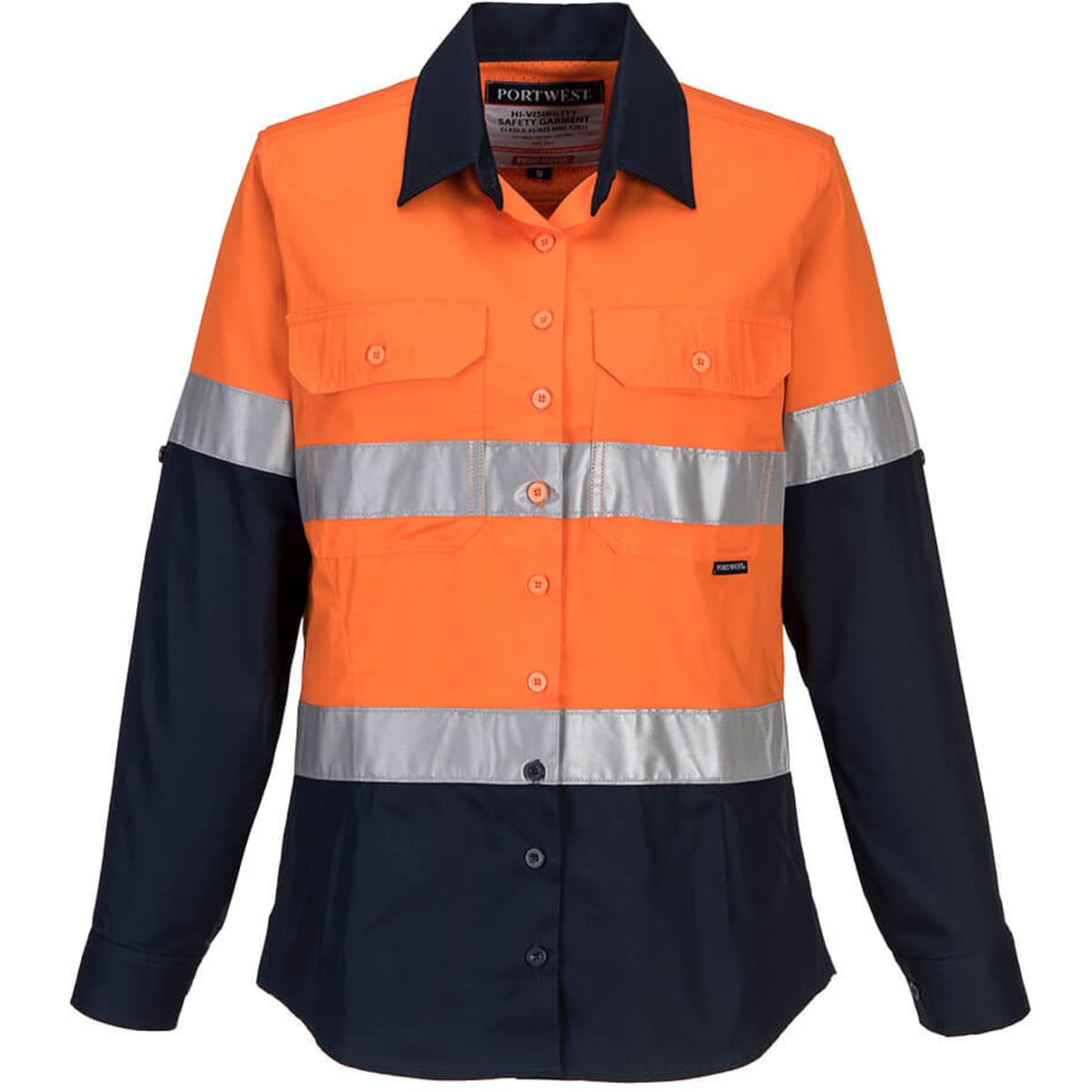 A long-sleeve button-up shirt in orange and navy blue with reflective stripes and a logo.