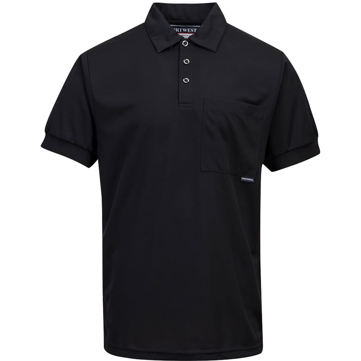 A black Micro Mesh Polo Shirt with short sleeves, featuring a pocket and a logo on the hem.