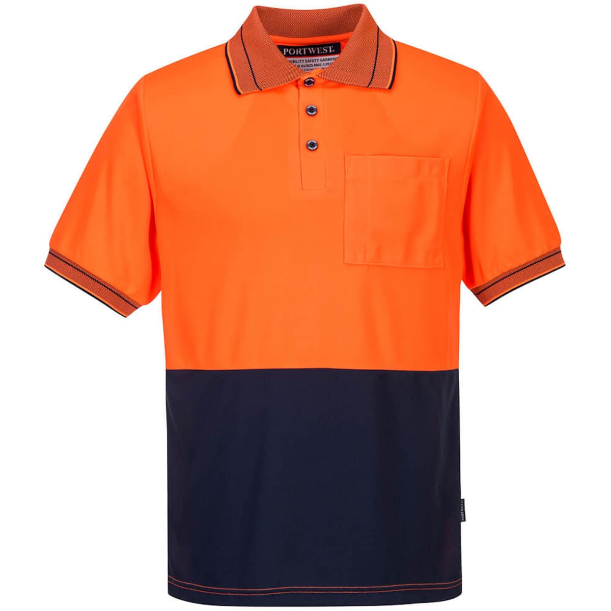 A short-sleeved polo shirt with an orange upper section and a navy blue lower section, featuring a pocket and a logo.