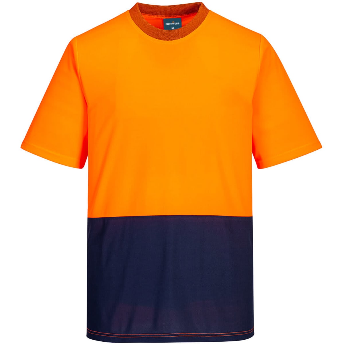 A two-tone short-sleeve t-shirt featuring a vibrant orange upper and navy blue lower section. It has a branding logo.