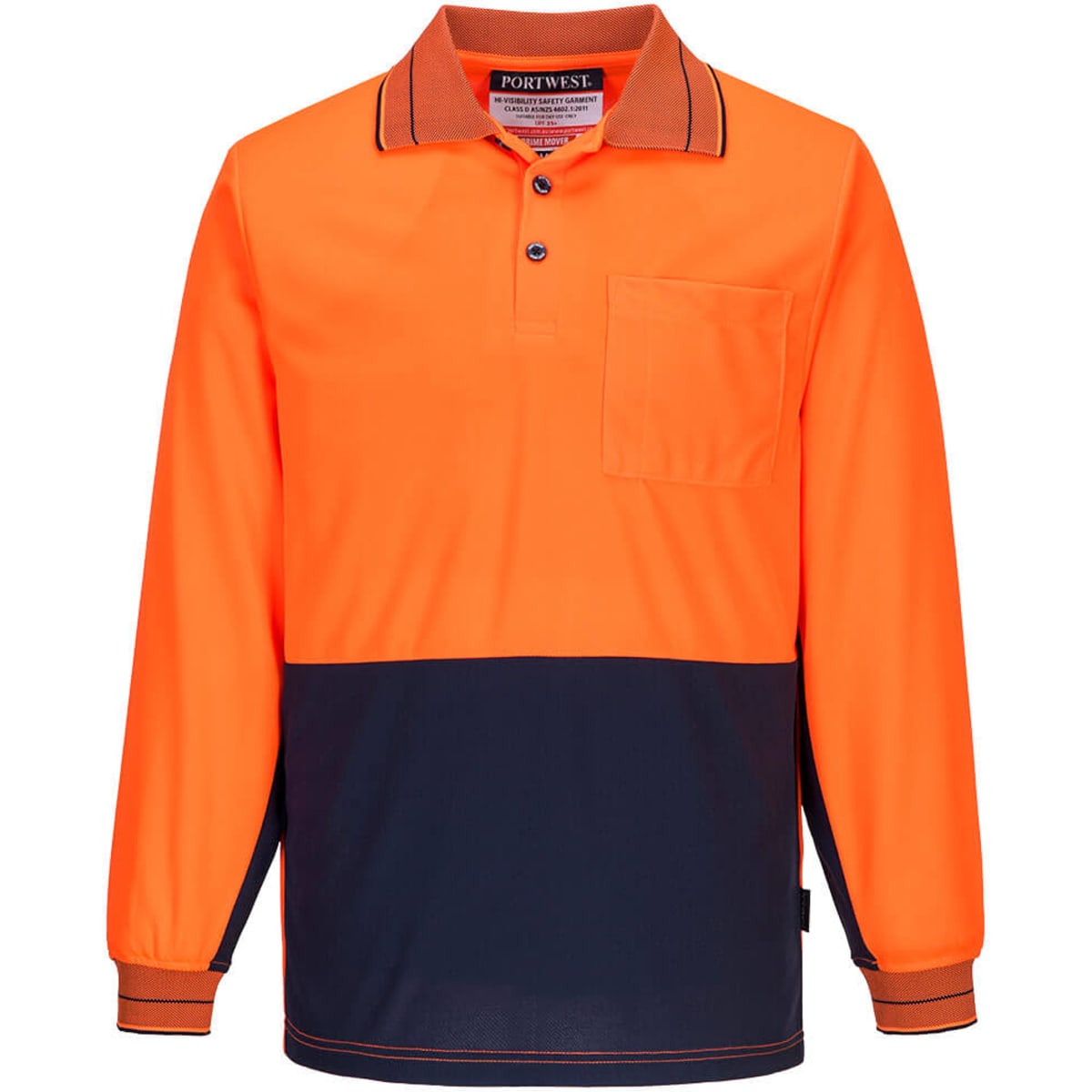 An orange and navy long-sleeve polo shirt with a collar and a chest pocket, featuring a logo.