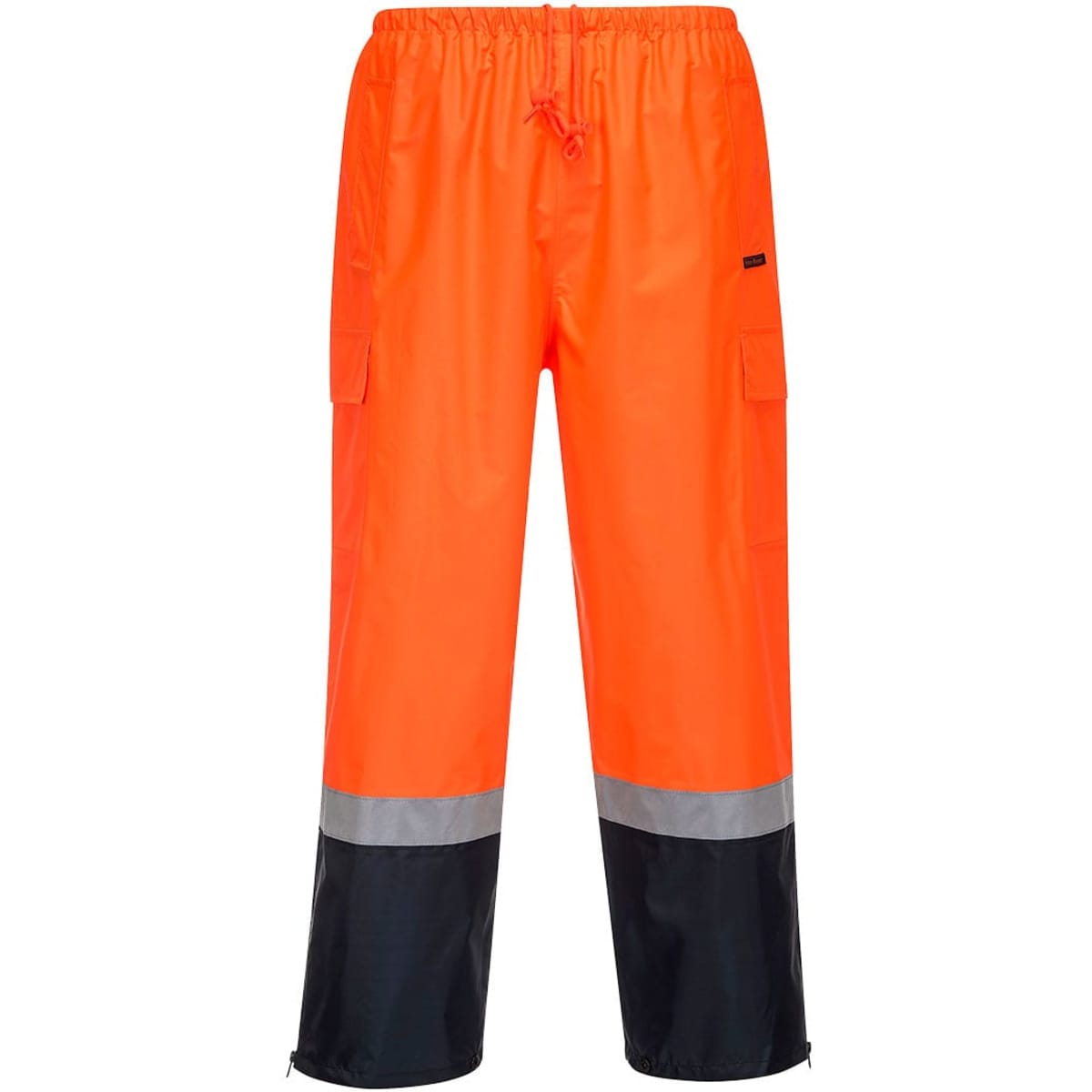 Bright orange cargo pants featuring reflective strips and black accents, designed for wet weather with multiple pockets.