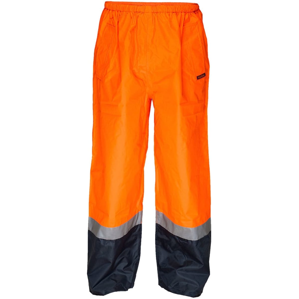 High-visibility wet weather pull-on pants in orange and black with reflective detailing and an elastic waistband.