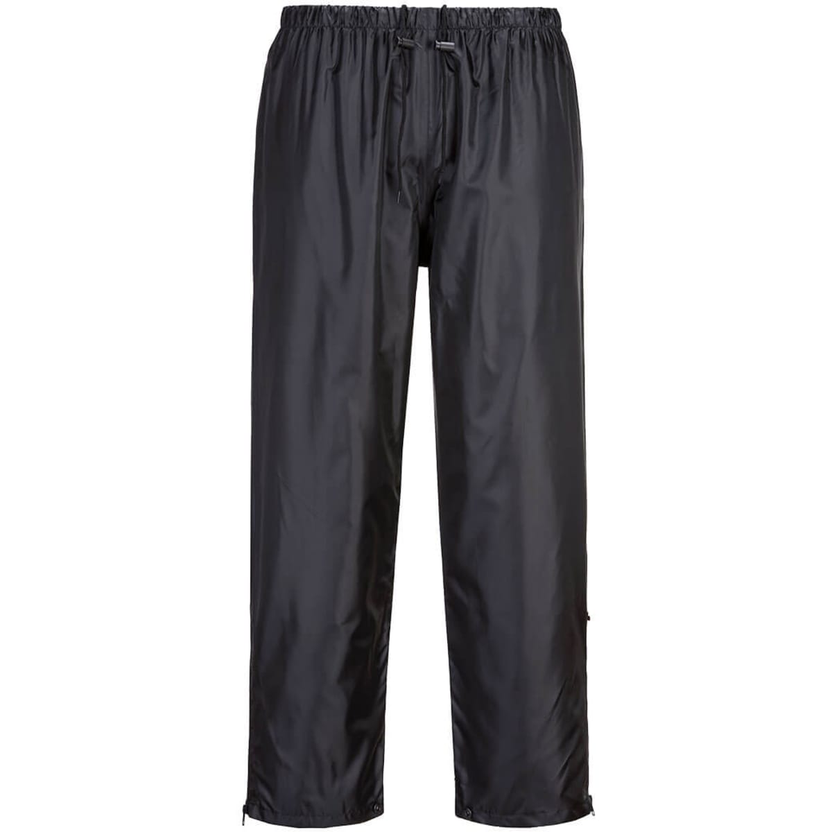 Wet weather leisure pants in black, featuring an elastic waistband and a logo. Ideal for outdoor activities.