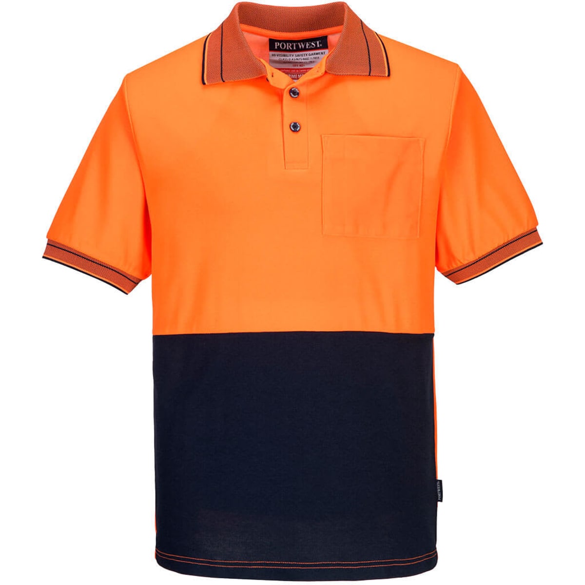An orange and navy polo shirt with a collar, short sleeves, and a chest pocket. It features a logo.