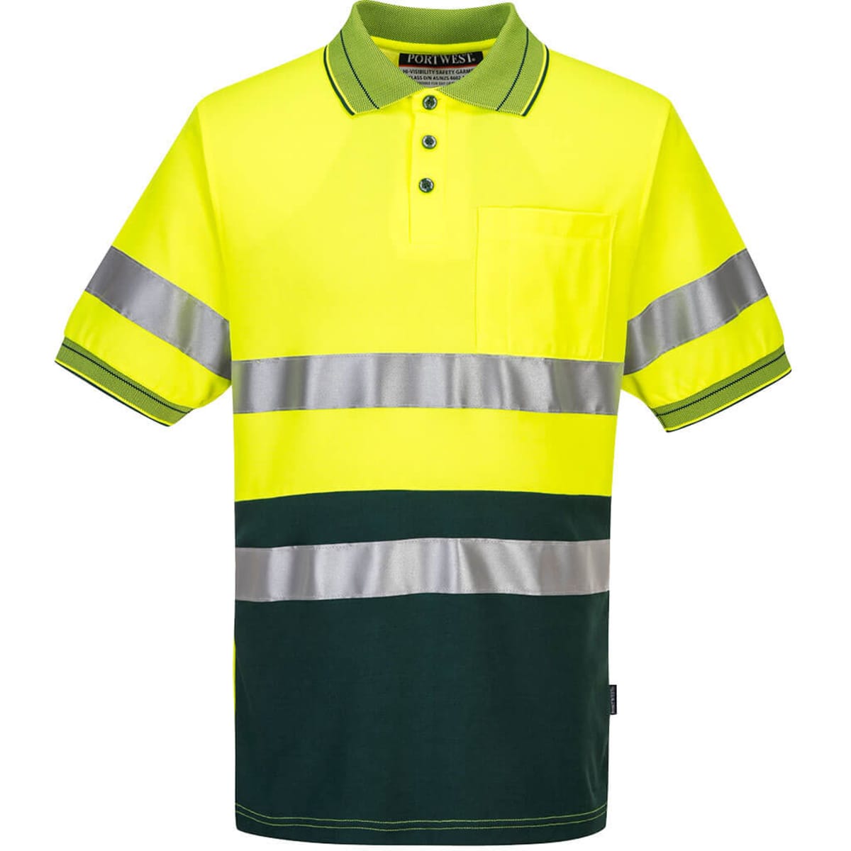 A high-visibility polo shirt in fluorescent yellow and dark green with reflective stripes and a chest pocket.