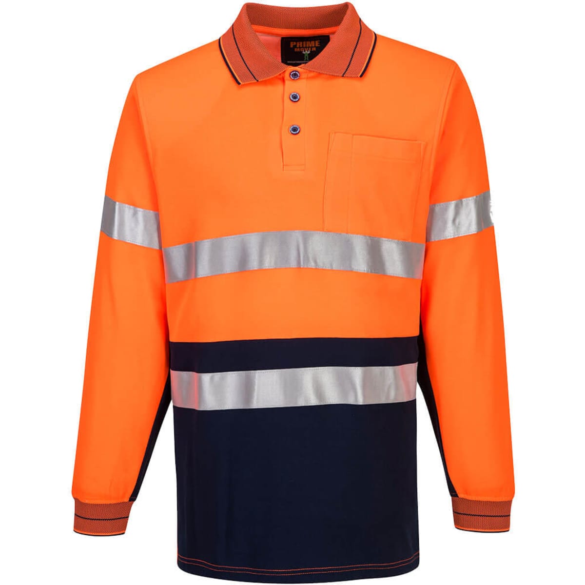 An orange and navy long-sleeve polo shirt featuring reflective stripes and a pocket. It has a logo on the chest.