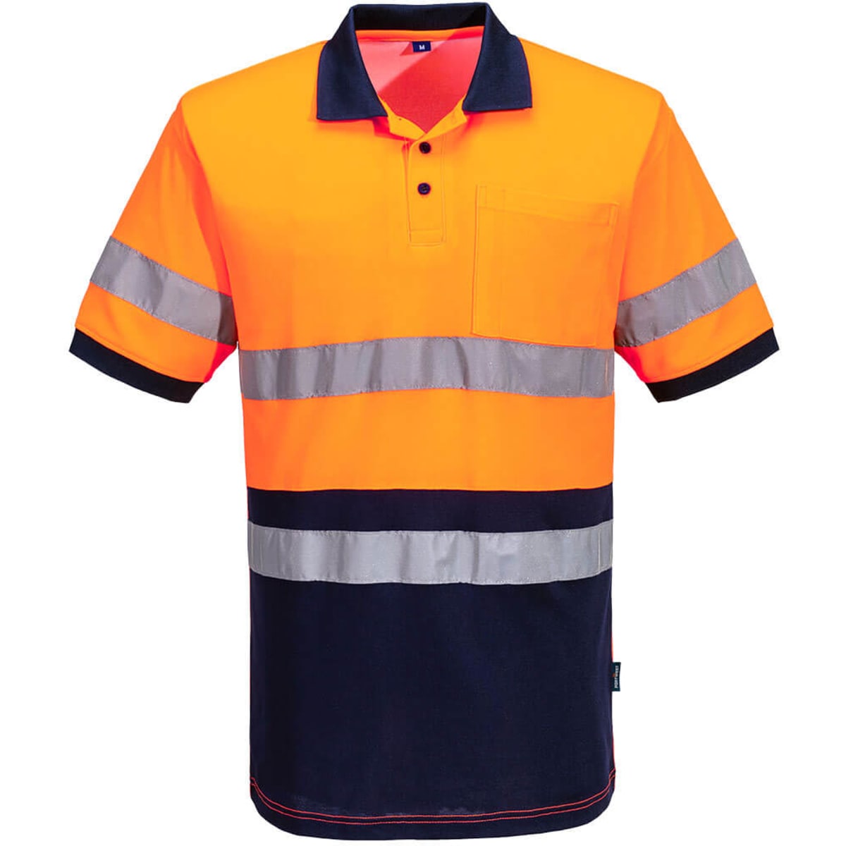 A Hi-Vis polo shirt featuring bright orange and navy contrast with reflective stripes and a chest pocket.