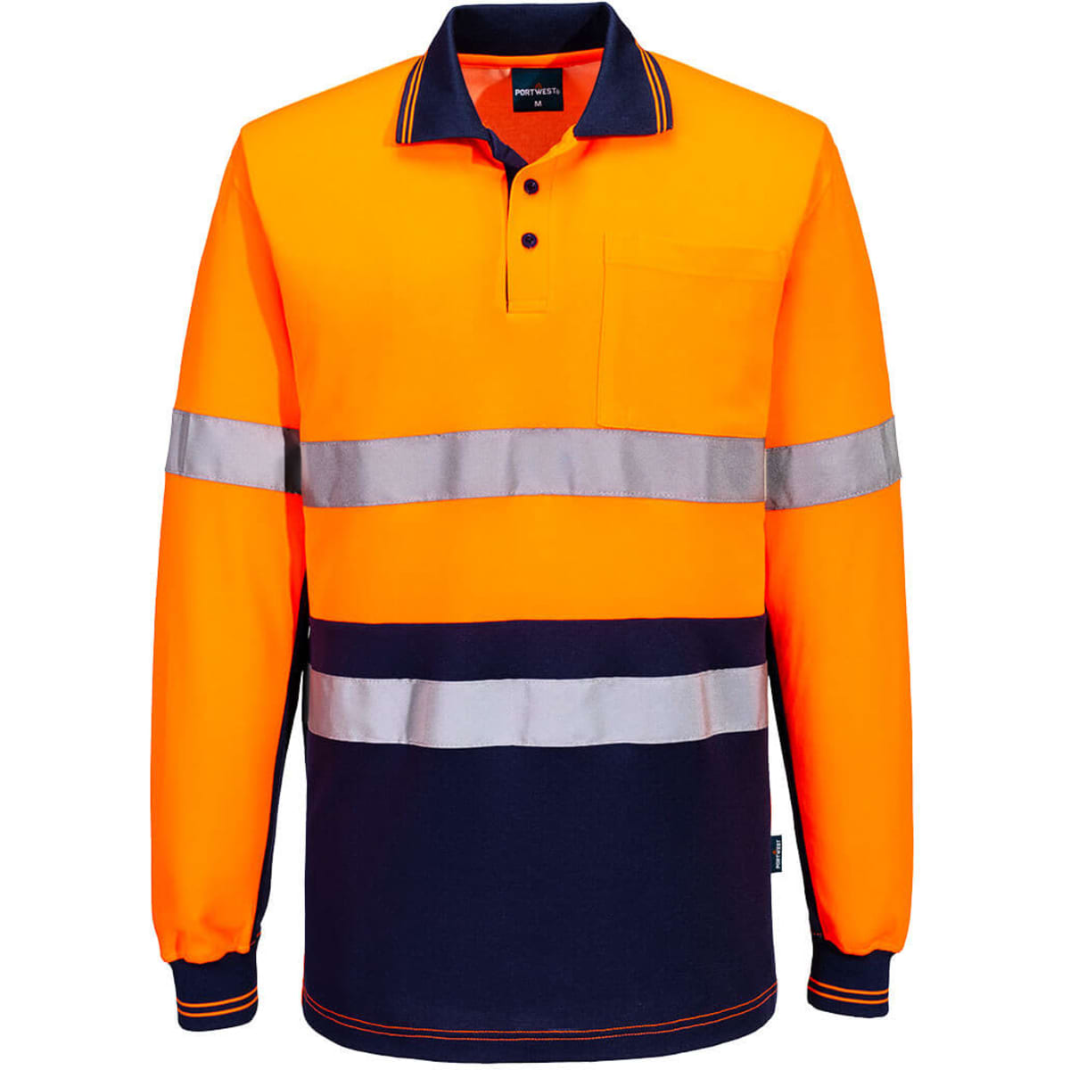 A long-sleeve polo shirt in high visibility orange and navy, featuring reflective stripes and a pocket.