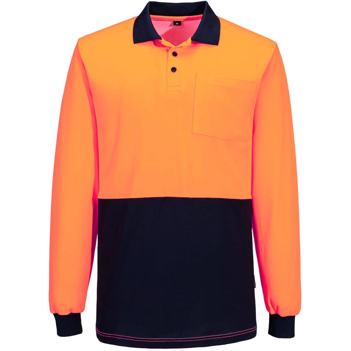 A long-sleeve polo shirt in hi-vis orange with a navy blue contrast panel and a chest pocket. It includes a logo.