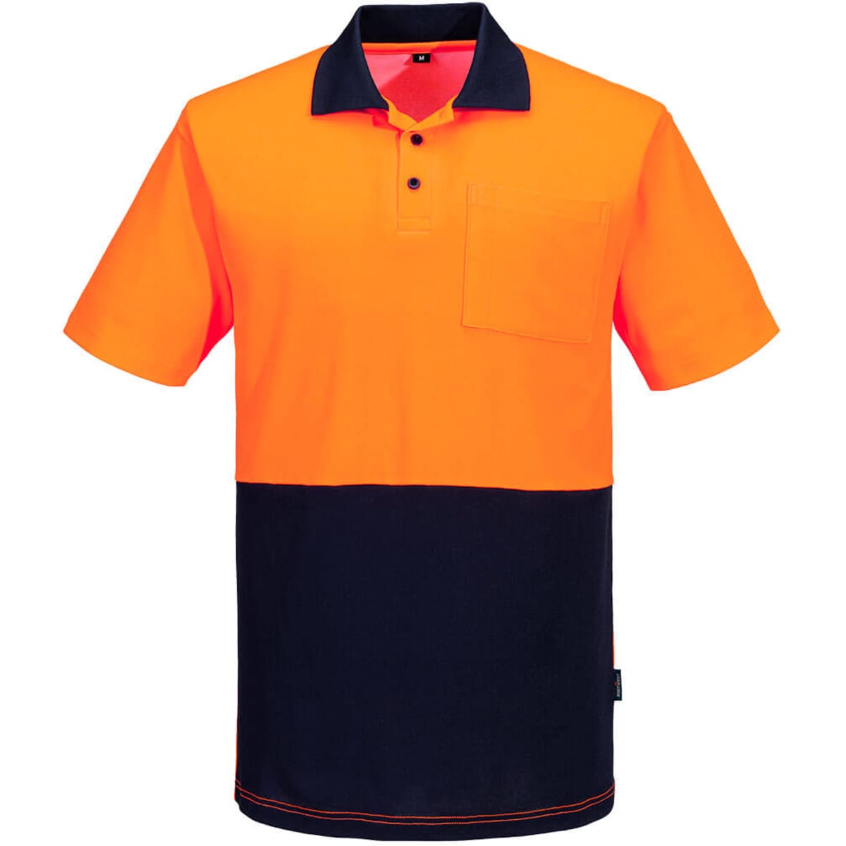 A short-sleeved polo shirt in high-visibility orange with a navy blue contrast at the bottom and a pocket. Features a logo.