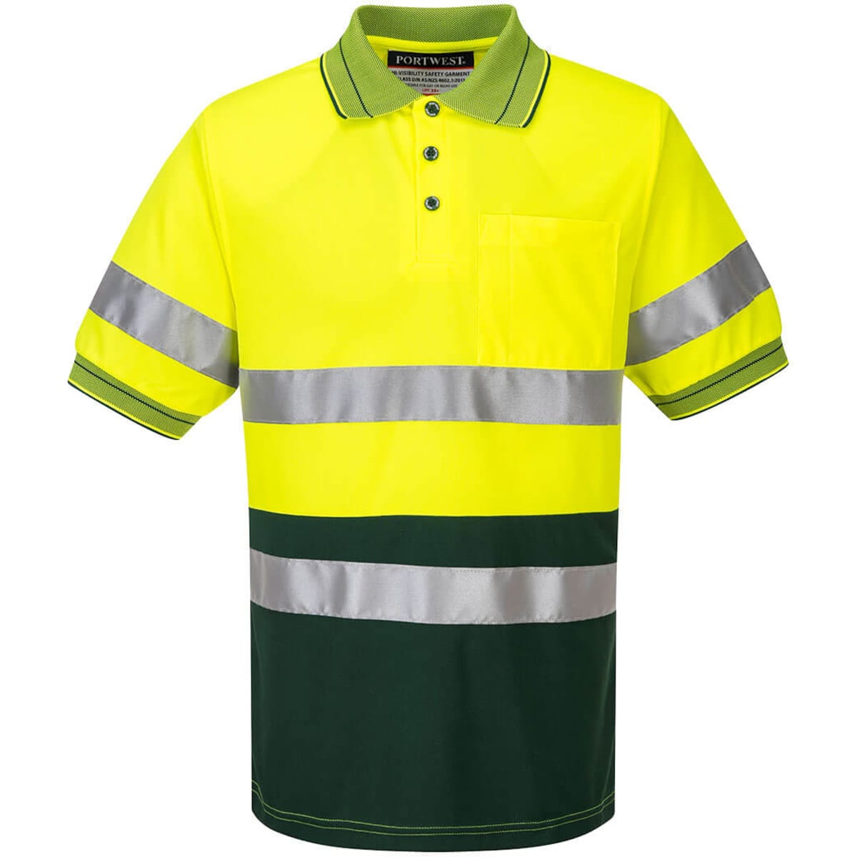 A high-visibility polo shirt in bright yellow and green, featuring reflective stripes and a chest pocket.