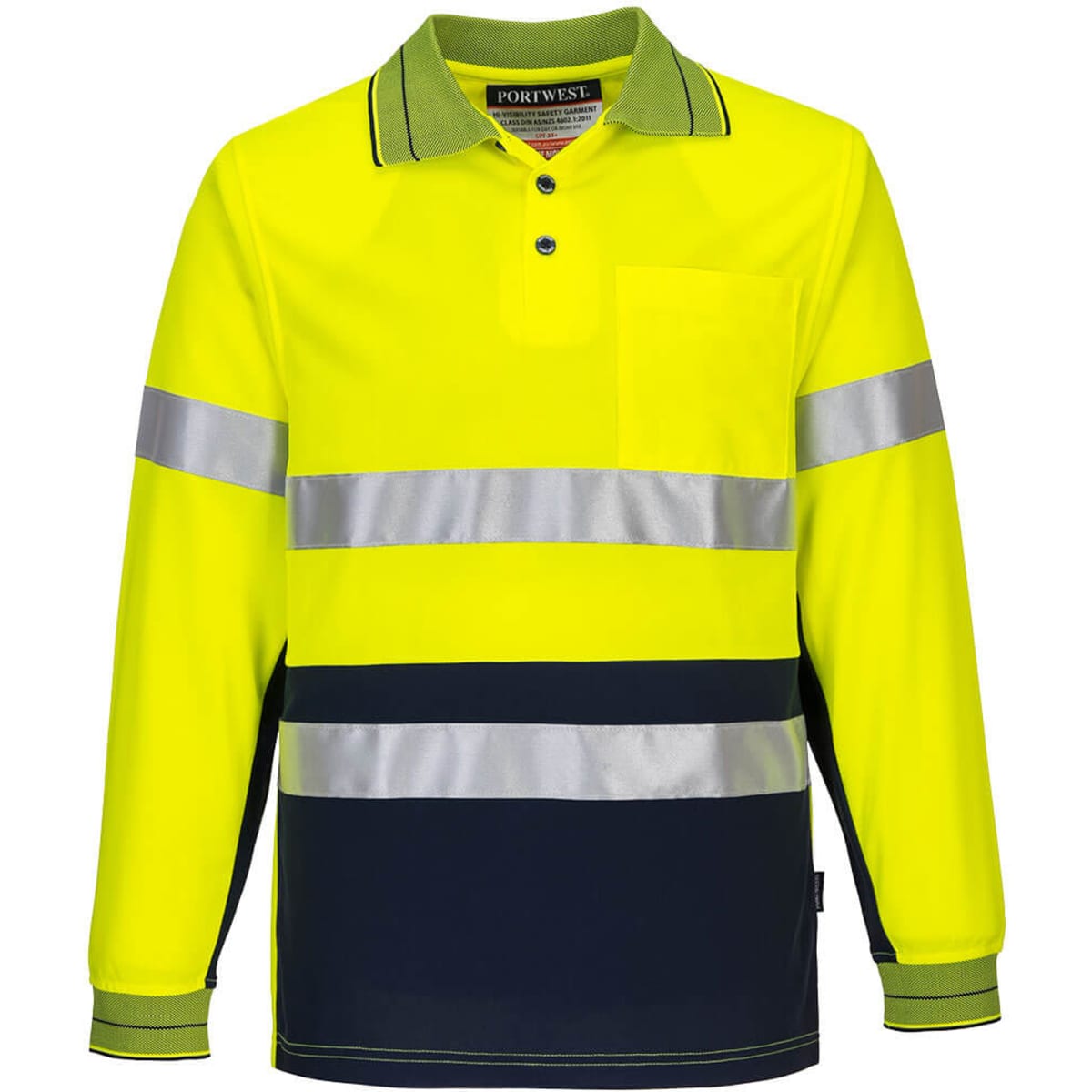 A bright yellow long-sleeve polo shirt featuring reflective stripes and dark navy accents, with a pocket and branding.