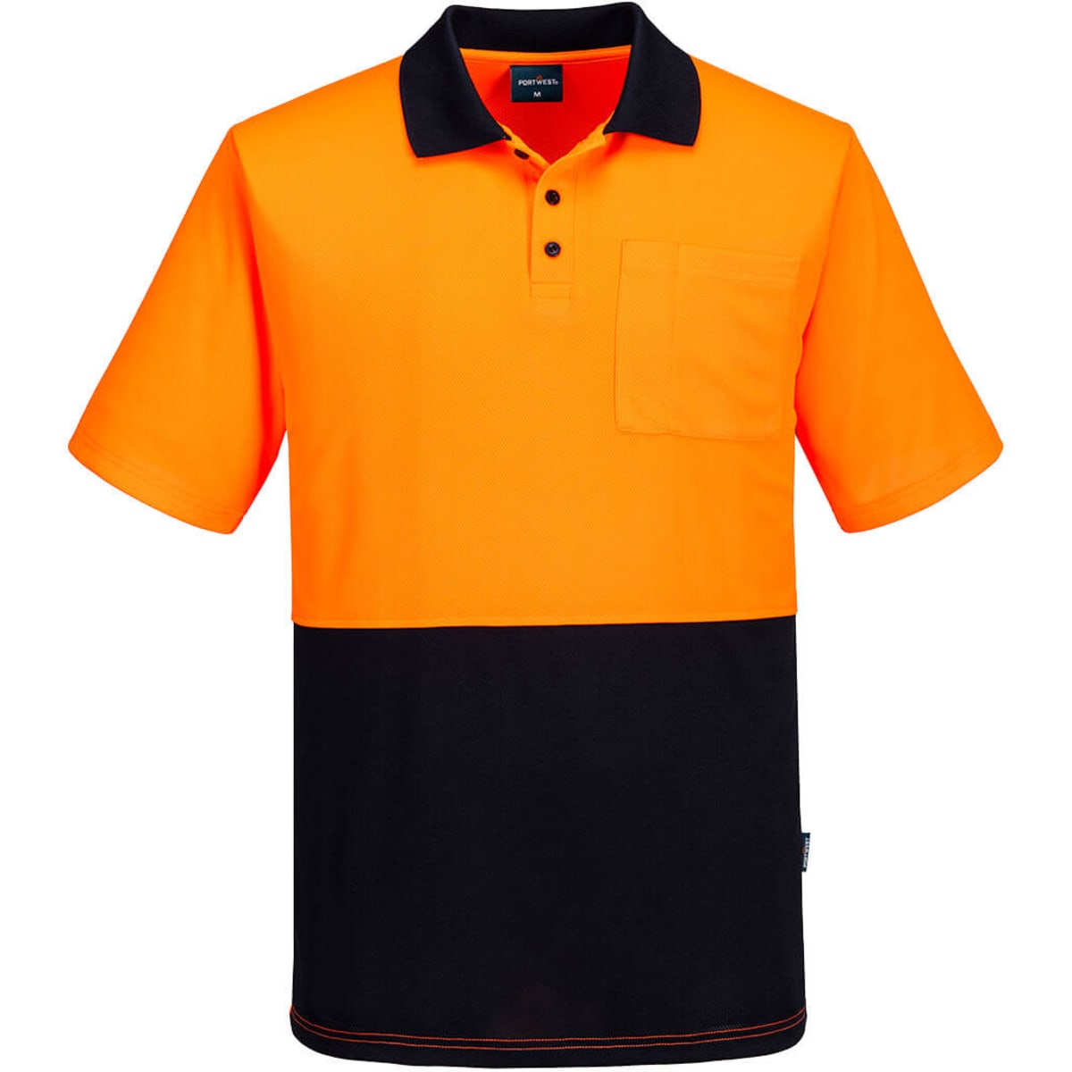 A high visibility short-sleeved polo shirt in orange and black, featuring a chest pocket and a logo.