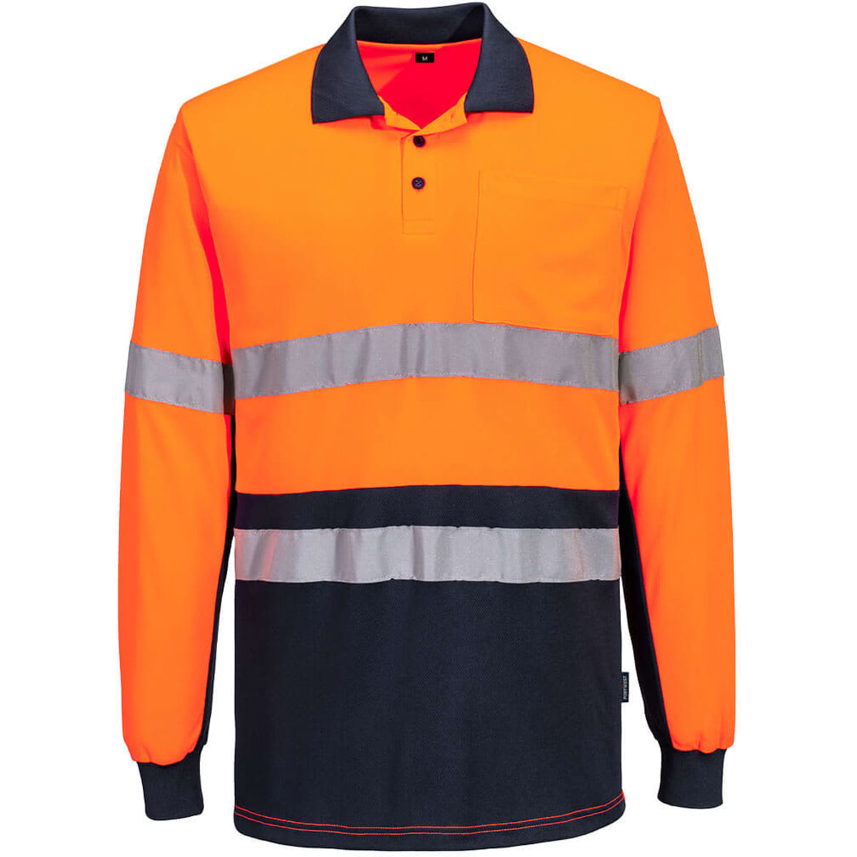 A Hi-Vis long sleeve polo shirt featuring orange and navy colours with reflective stripes and a pocket.