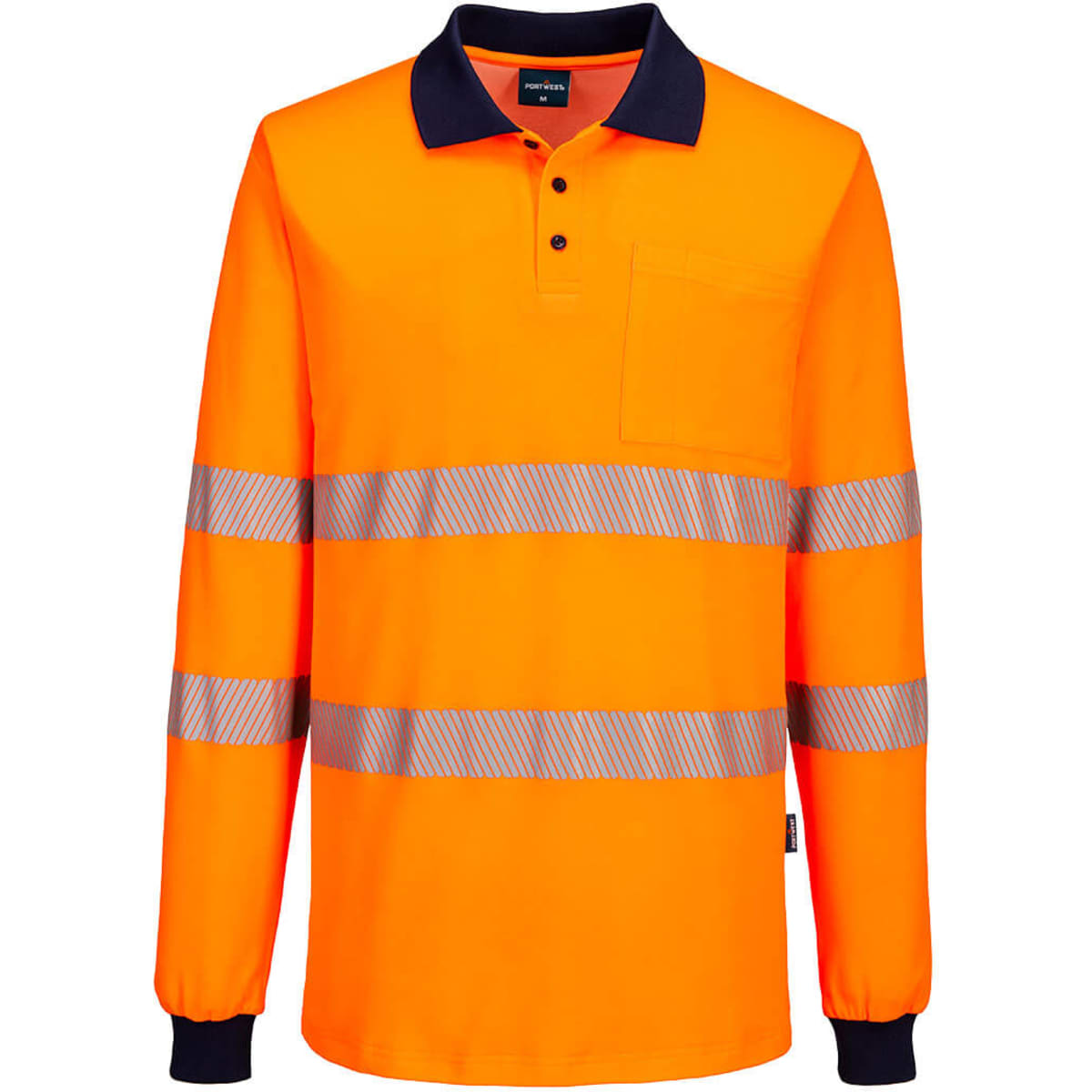 Hi-Vis long-sleeve cotton polo shirt in orange with reflective stripes and a dark blue collar. Includes a chest pocket.