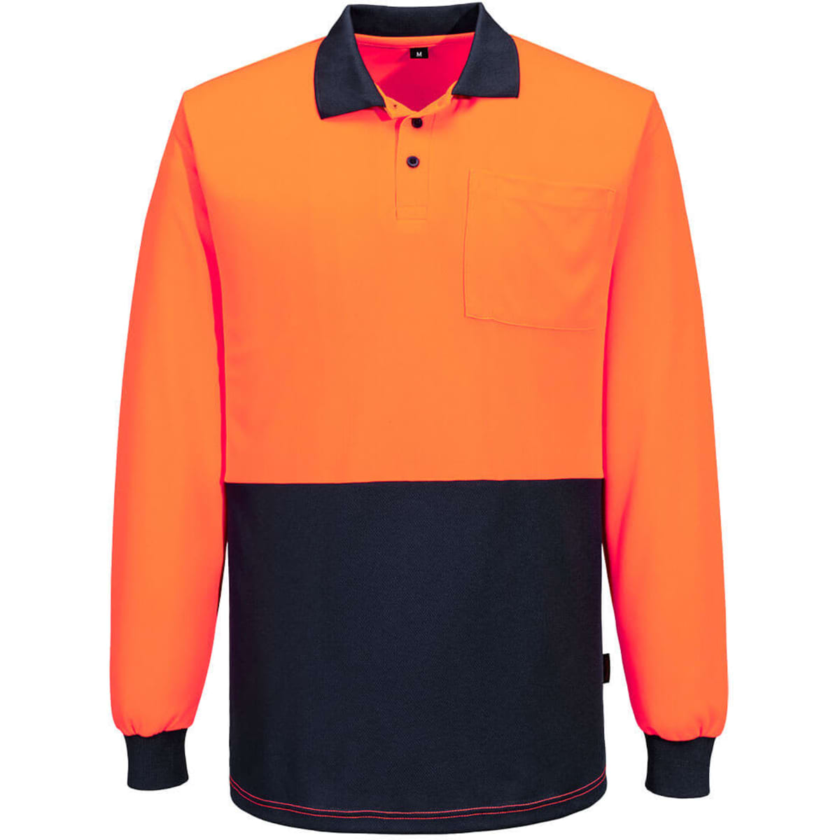 A long-sleeved polo shirt featuring high-visibility orange and navy colours, with a pocket on the front and a logo.