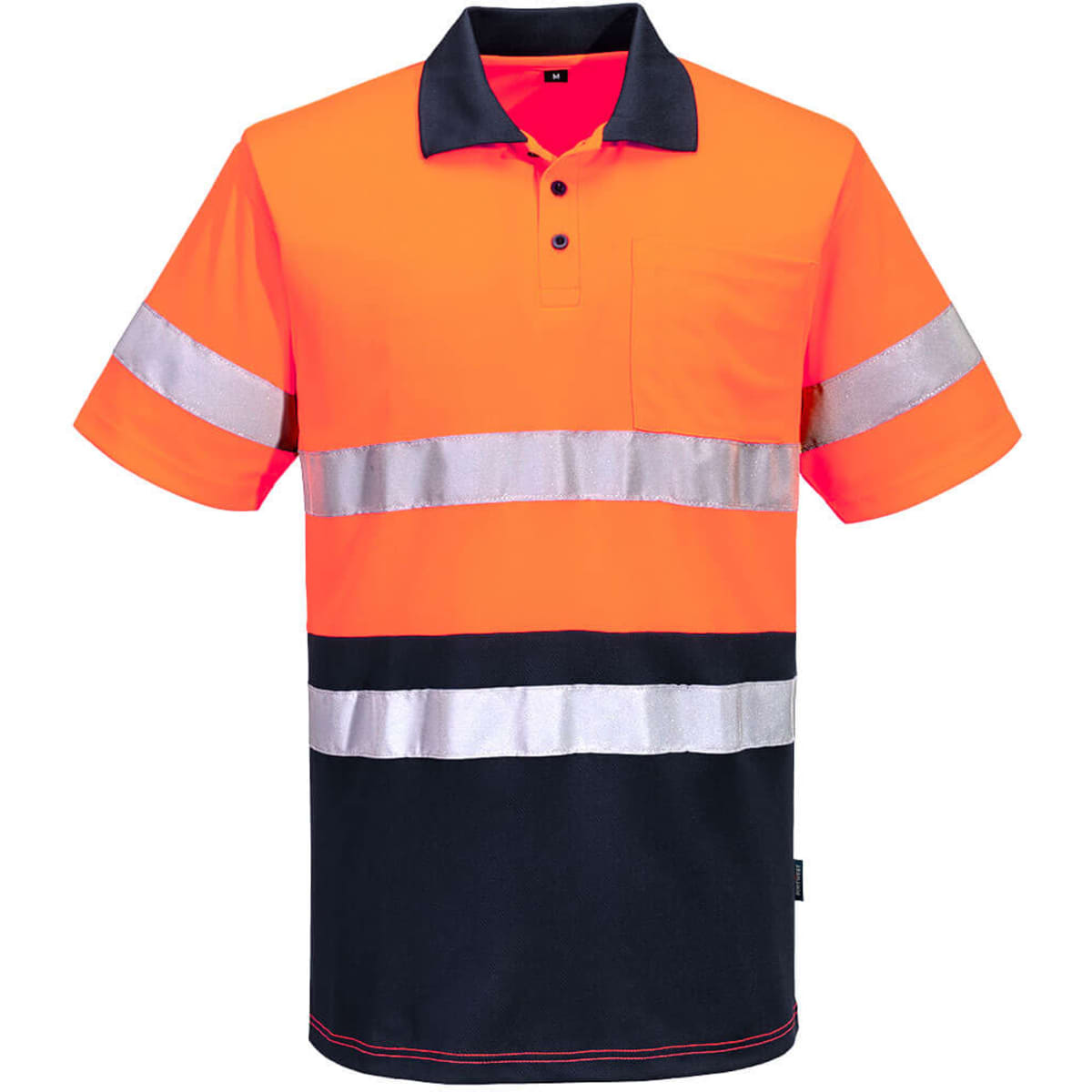 A Hi-Vis orange and navy polo shirt with reflective stripes and a pocket. The shirt features a logo on the chest.