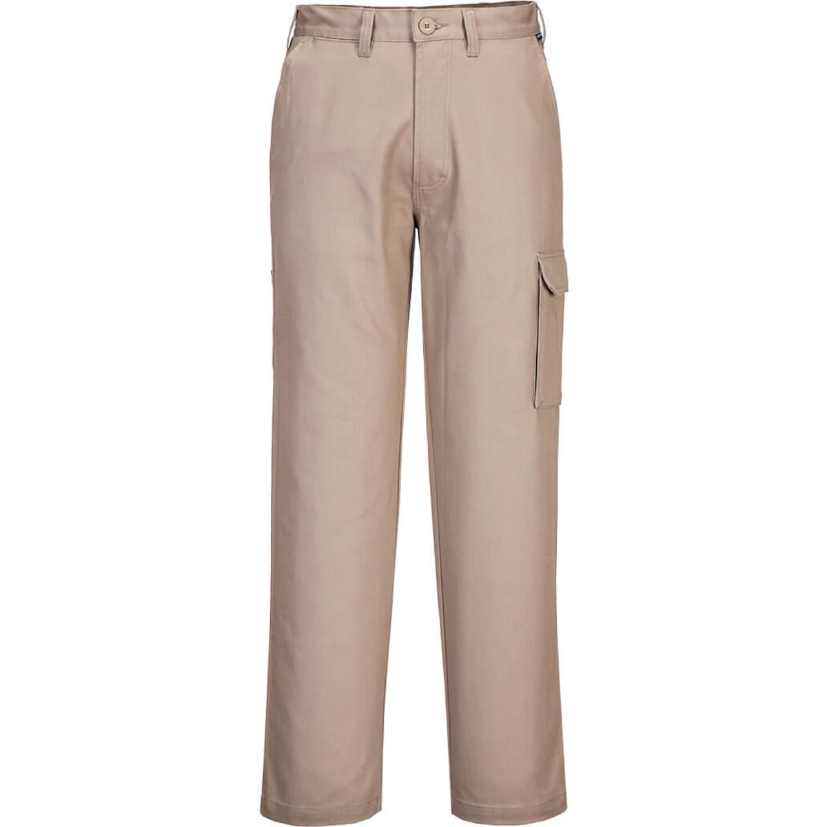 Beige cotton cargo pants with a side pocket and a waistband belt loop, featuring a logo on the waistband.