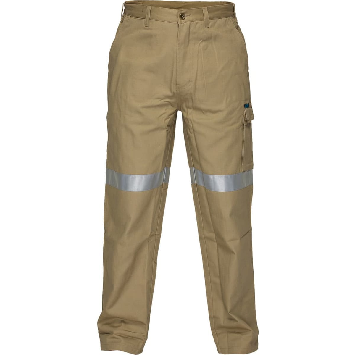 Cotton cargo pants in khaki with reflective tape details and side pockets, featuring a logo on the pocket.