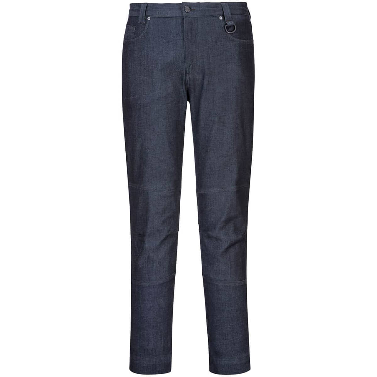 Denim slim fit work pants in dark blue with a classic five-pocket design and a belt loop. Features a logo.