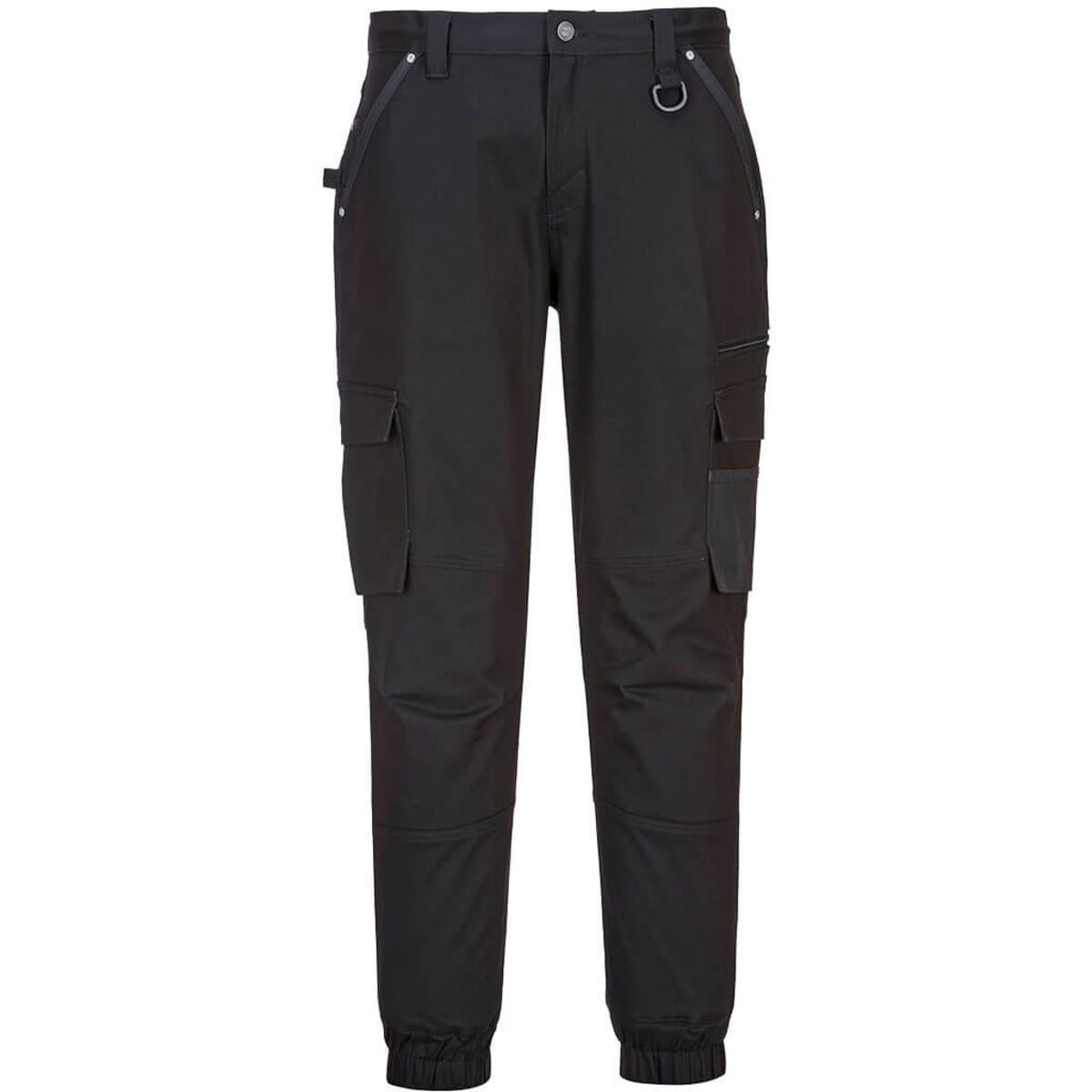 Cuffed slim fit work pants in black with side pockets and elastic cuffs. Features a logo on the waistband.