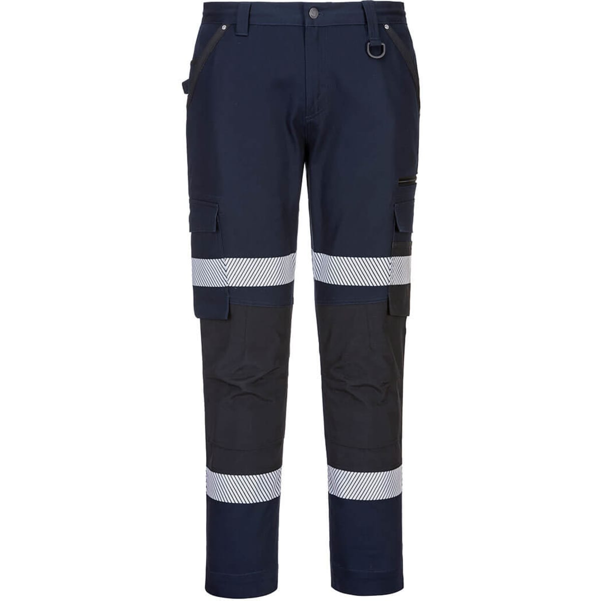 Slim fit stretch pants in navy and black with reflective striped details. Features multiple pockets and a logo.