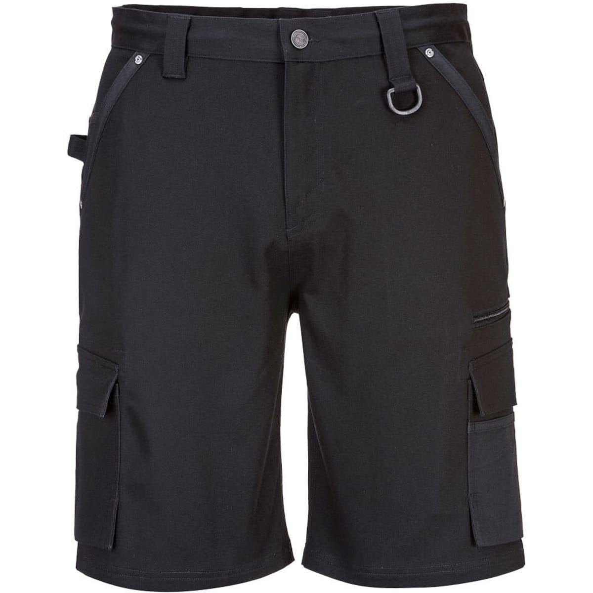 Slim fit work shorts in black, featuring multiple pockets and a sleek design. Includes a logo on the waistband.