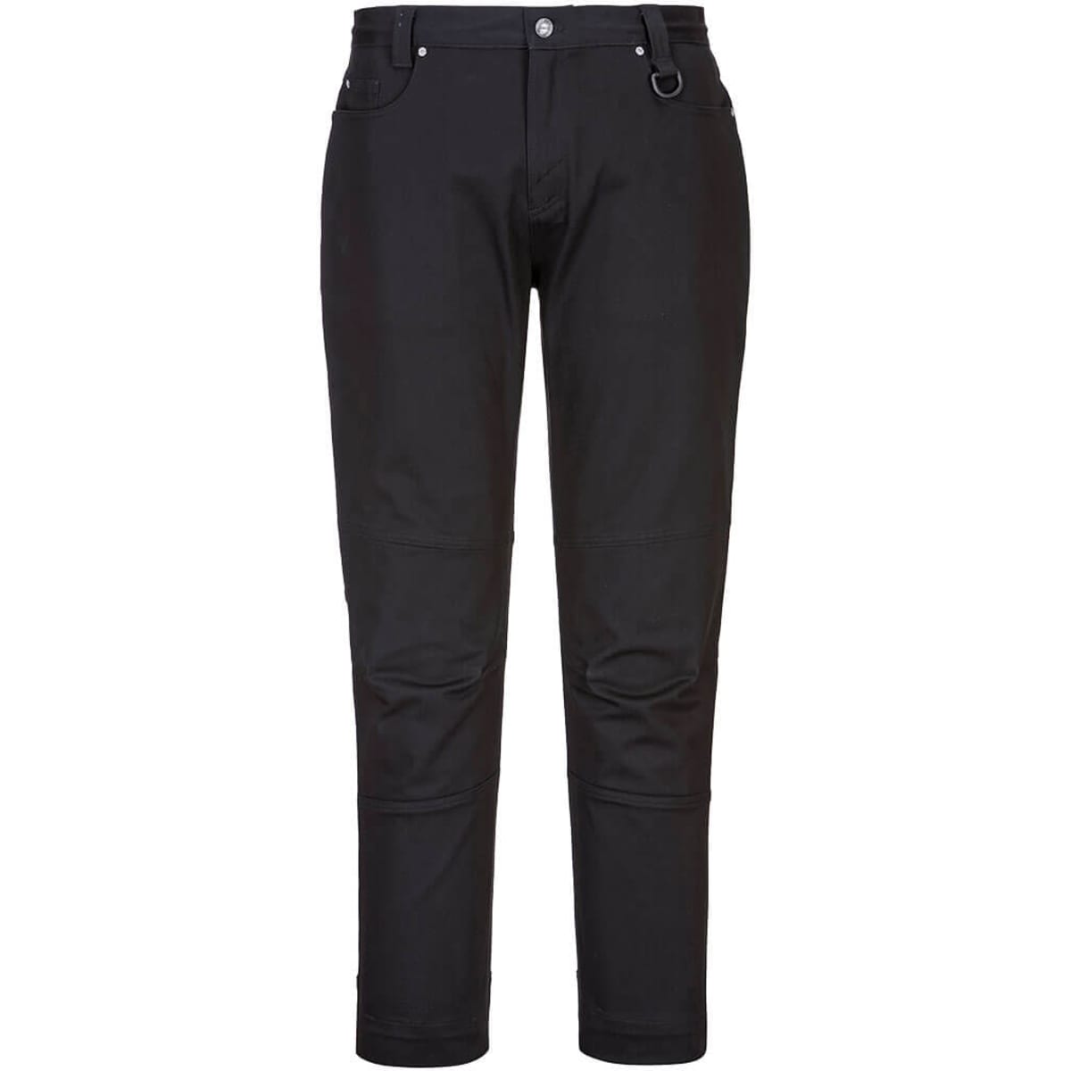 Slim fit work pants in black, featuring a classic design with pockets and a logo. Suitable for various work environments.