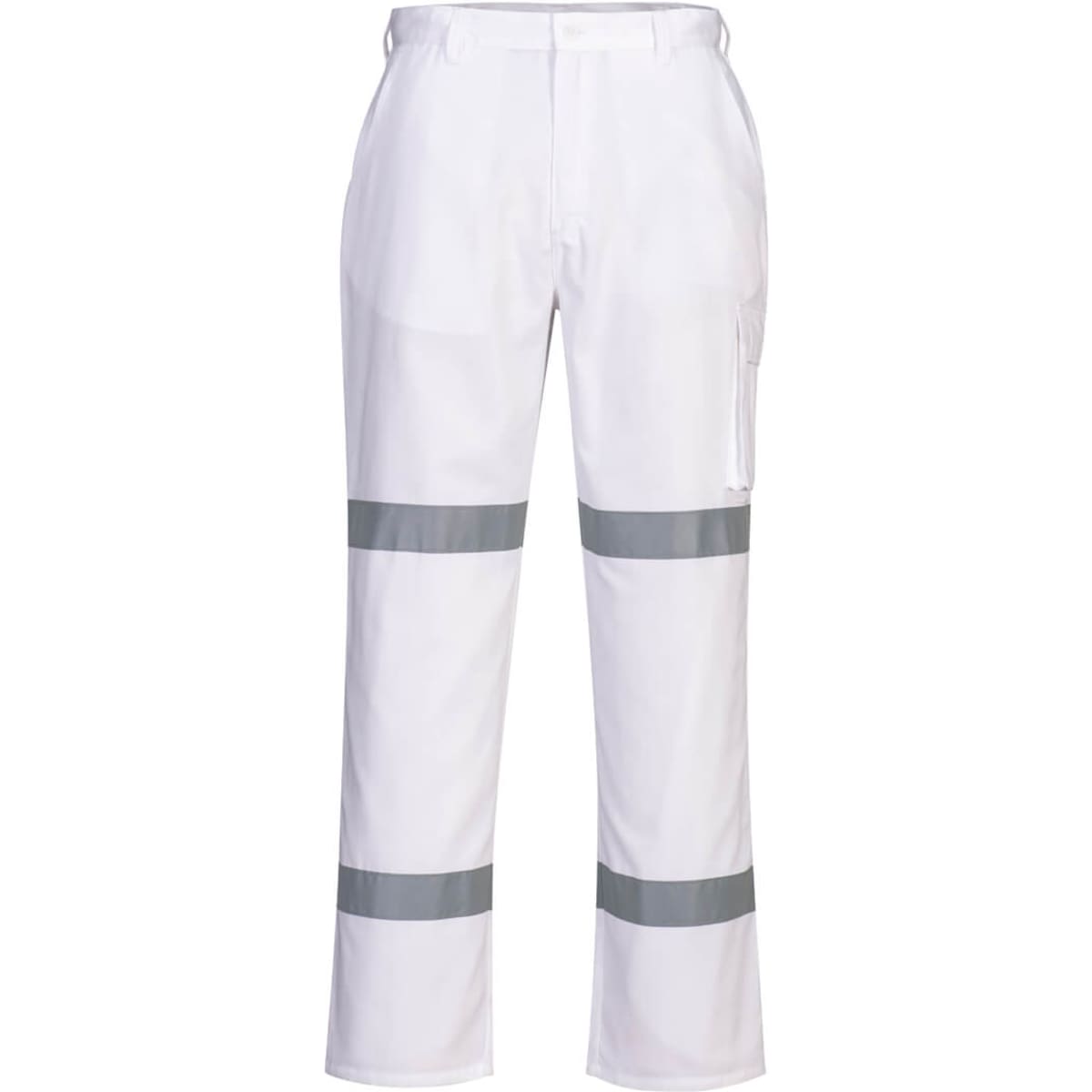 A pair of white cotton drill work pants with grey reflective stripes and a side pocket. The pants have a logo.