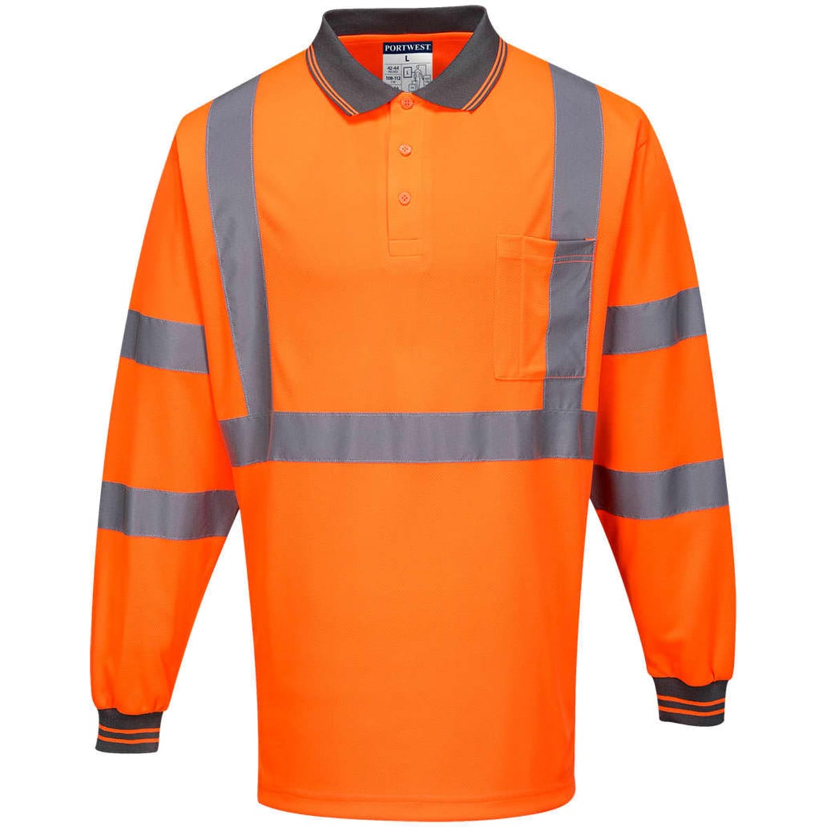 An orange long-sleeve polo shirt with reflective grey stripes and a pocket, featuring a branded logo.