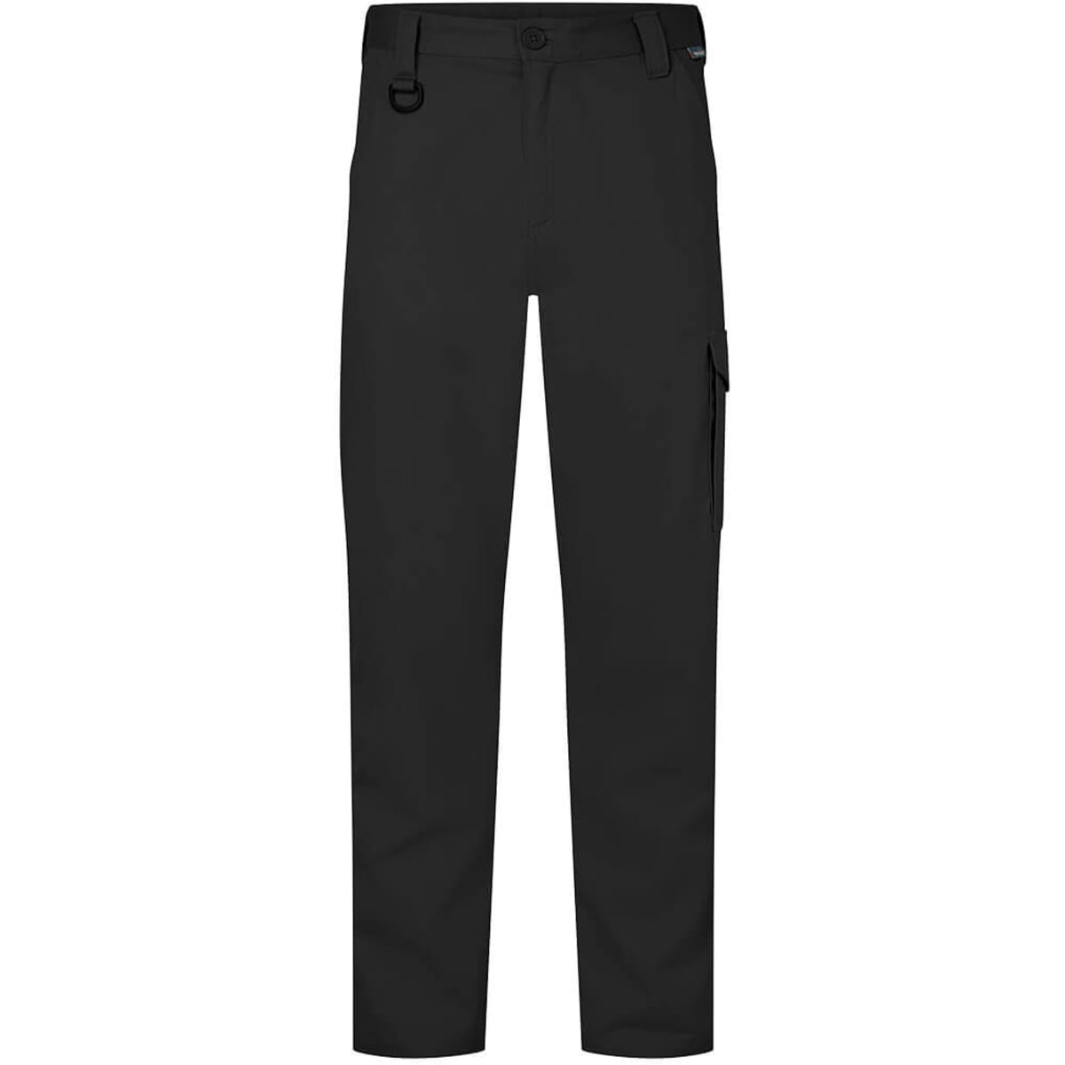 Lightweight drill pants in black, featuring a slim fit and a side pocket, with a branded logo.