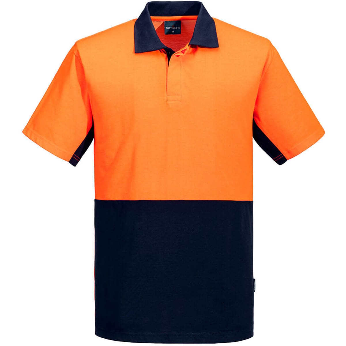 A short-sleeved polo shirt featuring a high-visibility orange upper section and a navy blue lower section, with a branding logo.