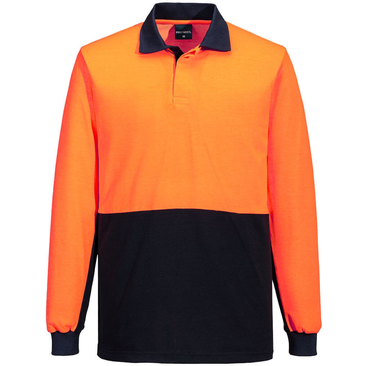 A long-sleeve polo shirt in fluorescent orange and navy, featuring a collar and a branding logo.